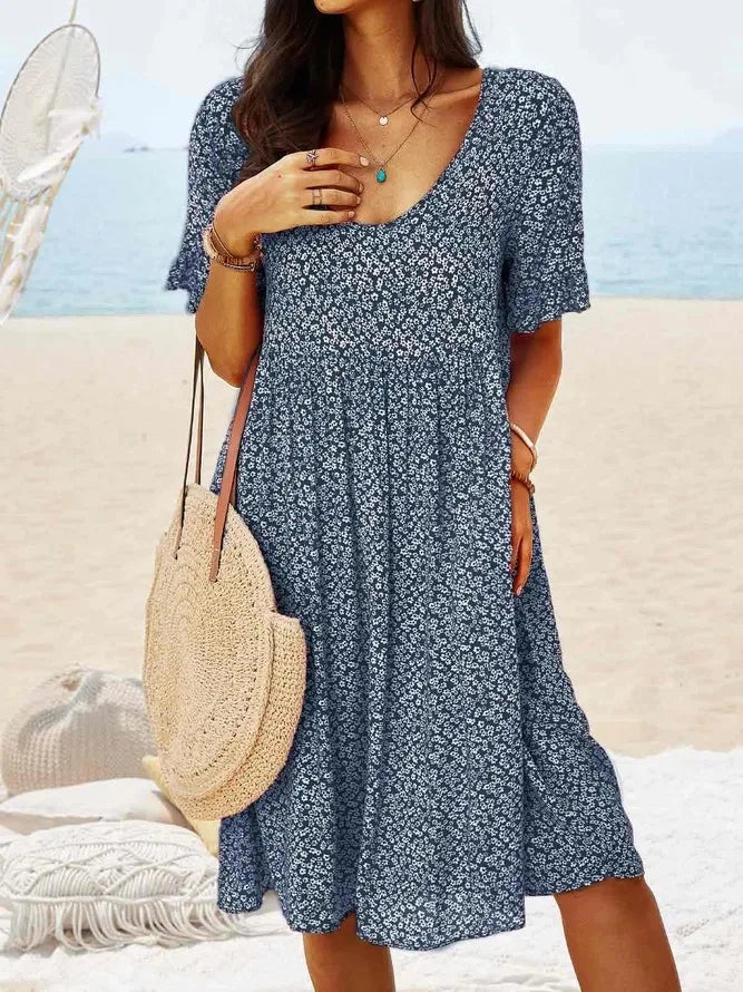 Women’s Floral V-Neck Smock Dress with Short Sleeves