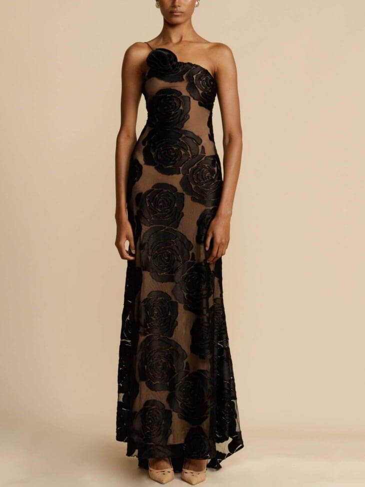 Women’s Maxi Dress One-Shoulder 3D Floral Appliqué Wedding Guest Gown