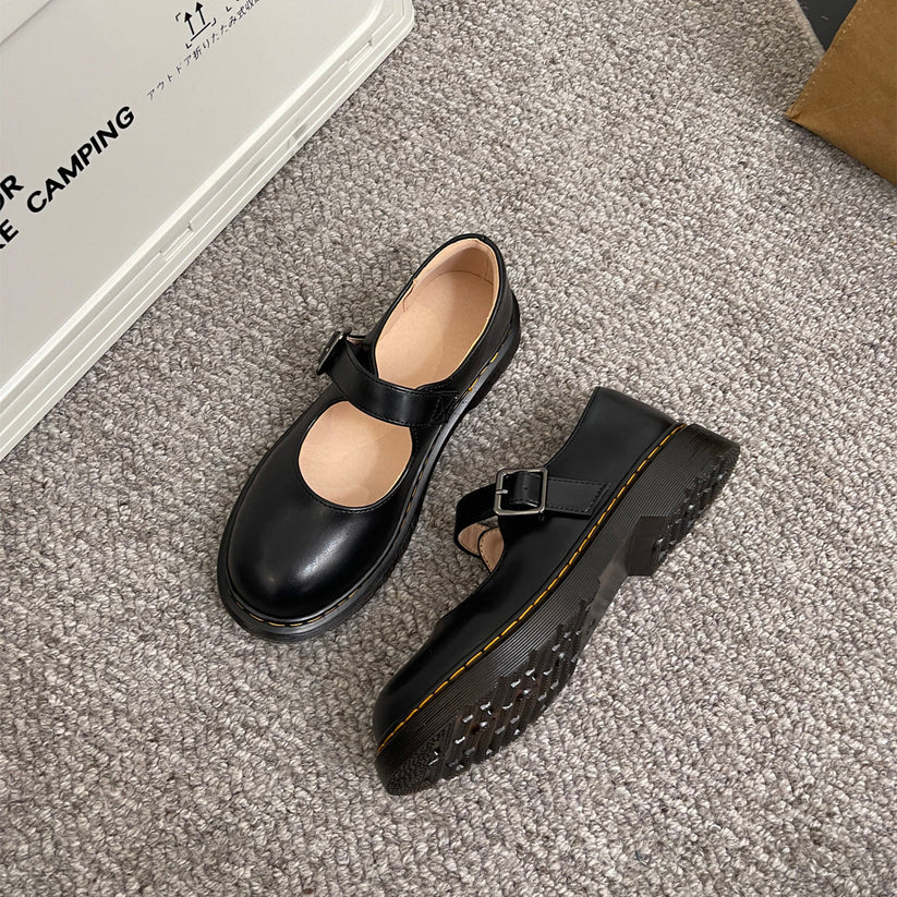 Women’s Mary Jane Shoes with Contrast Stitching and Buckle Strap