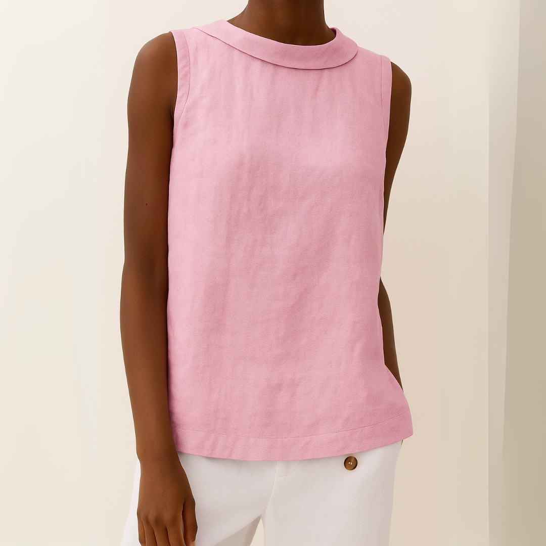 Women’s Sleeveless Linen Shell Top with Elegant Roll Collar and Minimalist Silhouette