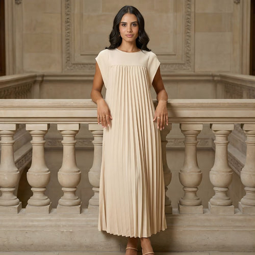 Women's Pleated Maxi Dress with Extended Cap Sleeves and Relaxed Empire Waist