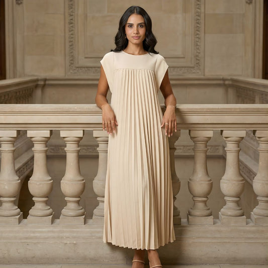 Women's Pleated Maxi Dress with Extended Cap Sleeves and Relaxed Empire Waist