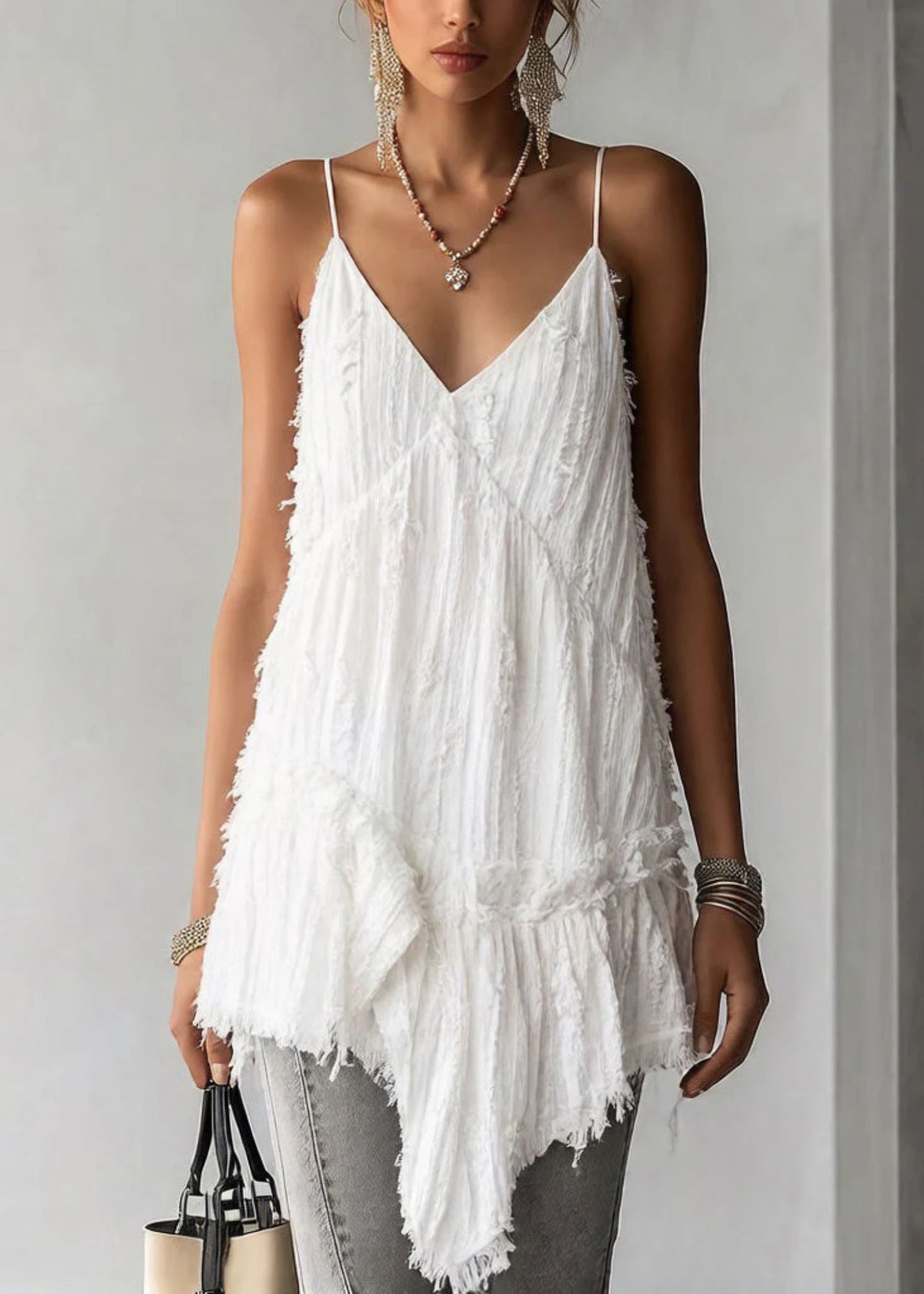 Women's Spaghetti Strap Tank Top with Asymmetrical Ruffled Hem and Cotton Fabric