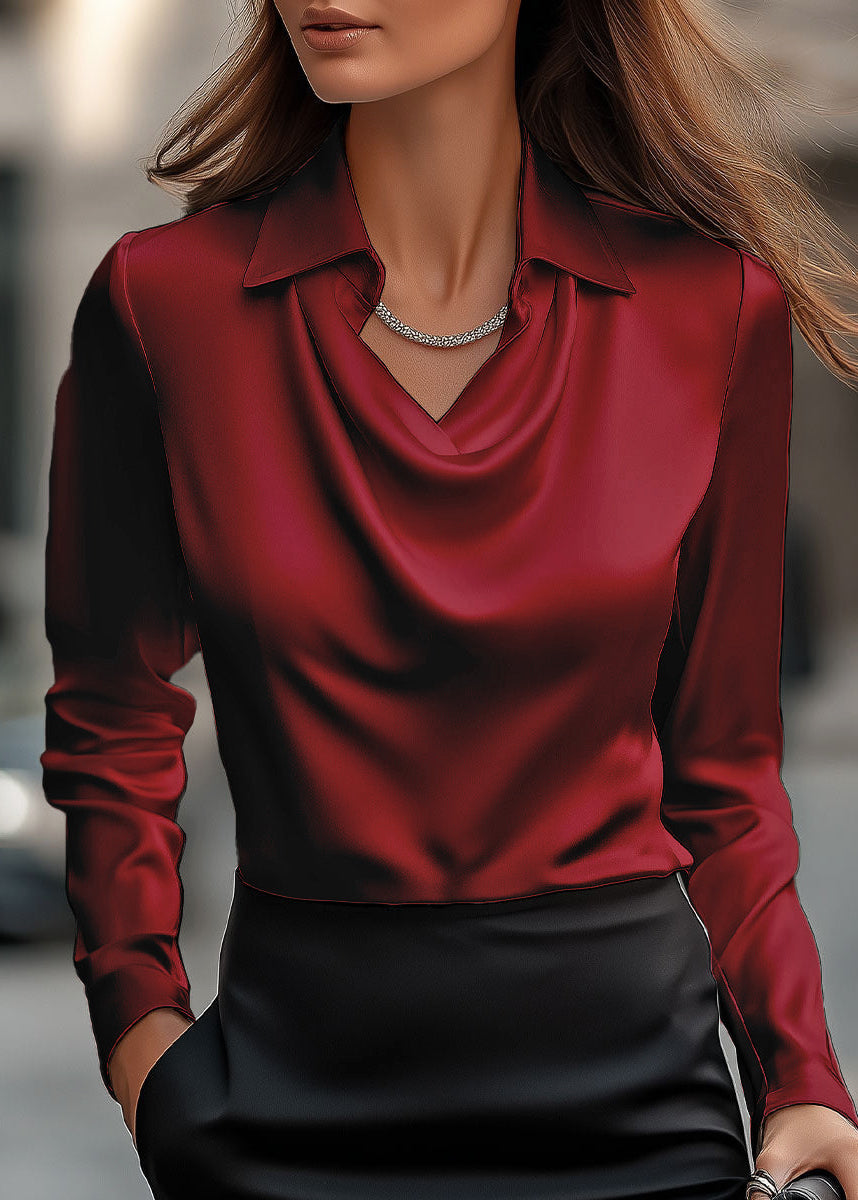 Ceylan Women’s Satin Blouse with Draped Cowl Neckline and Collar