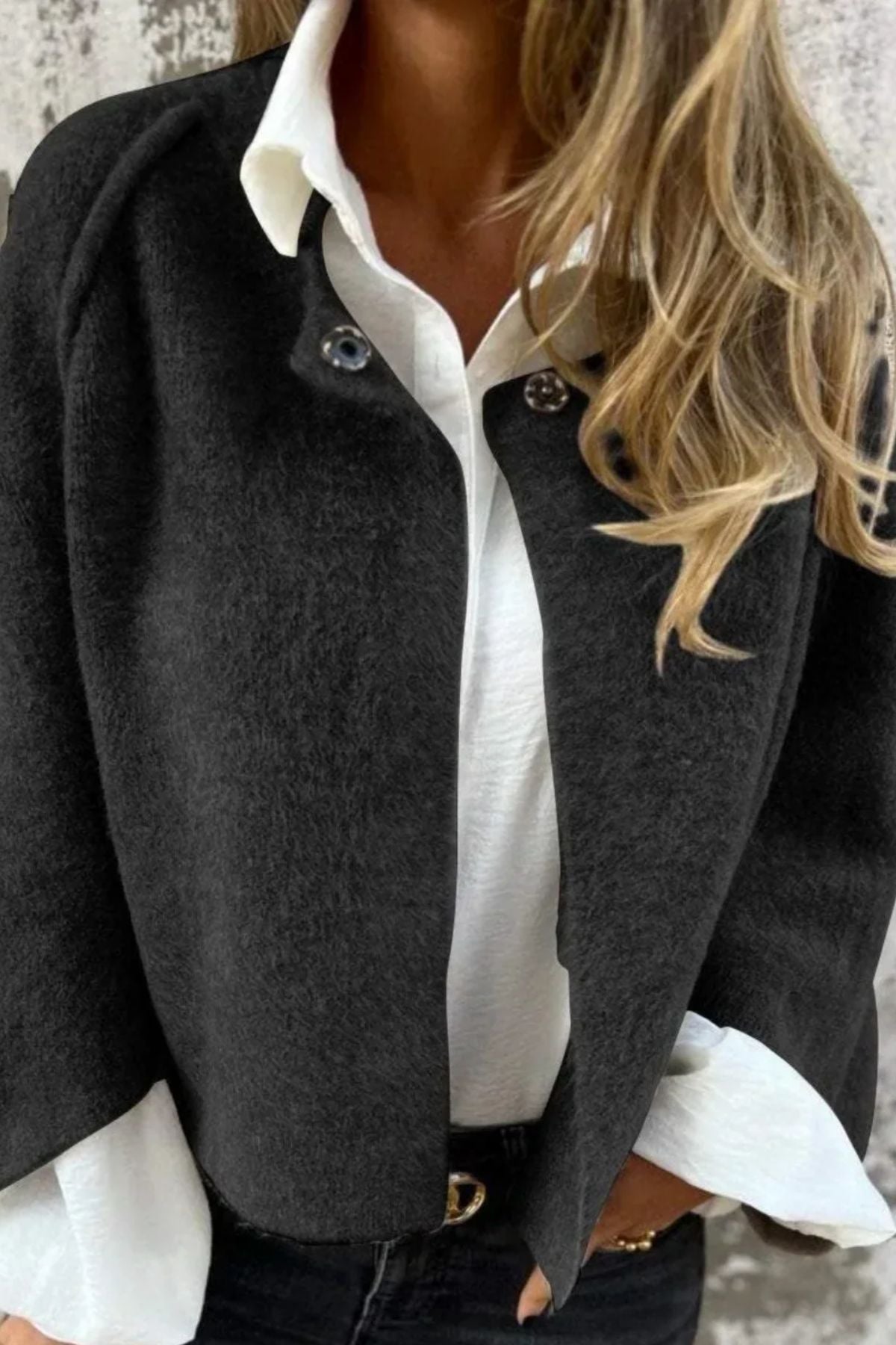 Women's Cropped Wool Blend Jacket with Brushed Texture and Boxy Silhouette
