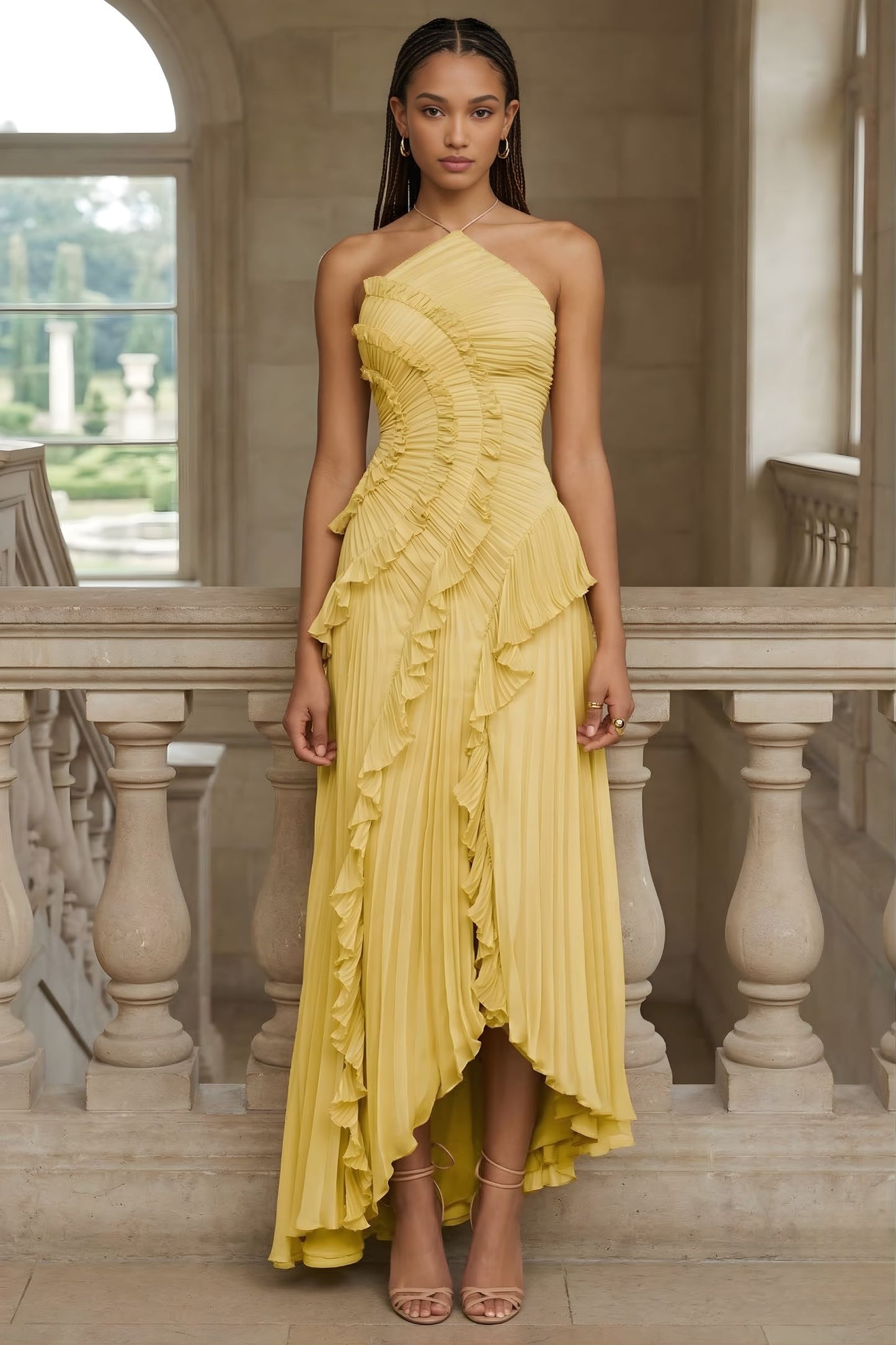 Women’s Pleated Halter Neck Ruffle Maxi Dress with Asymmetrical Hem