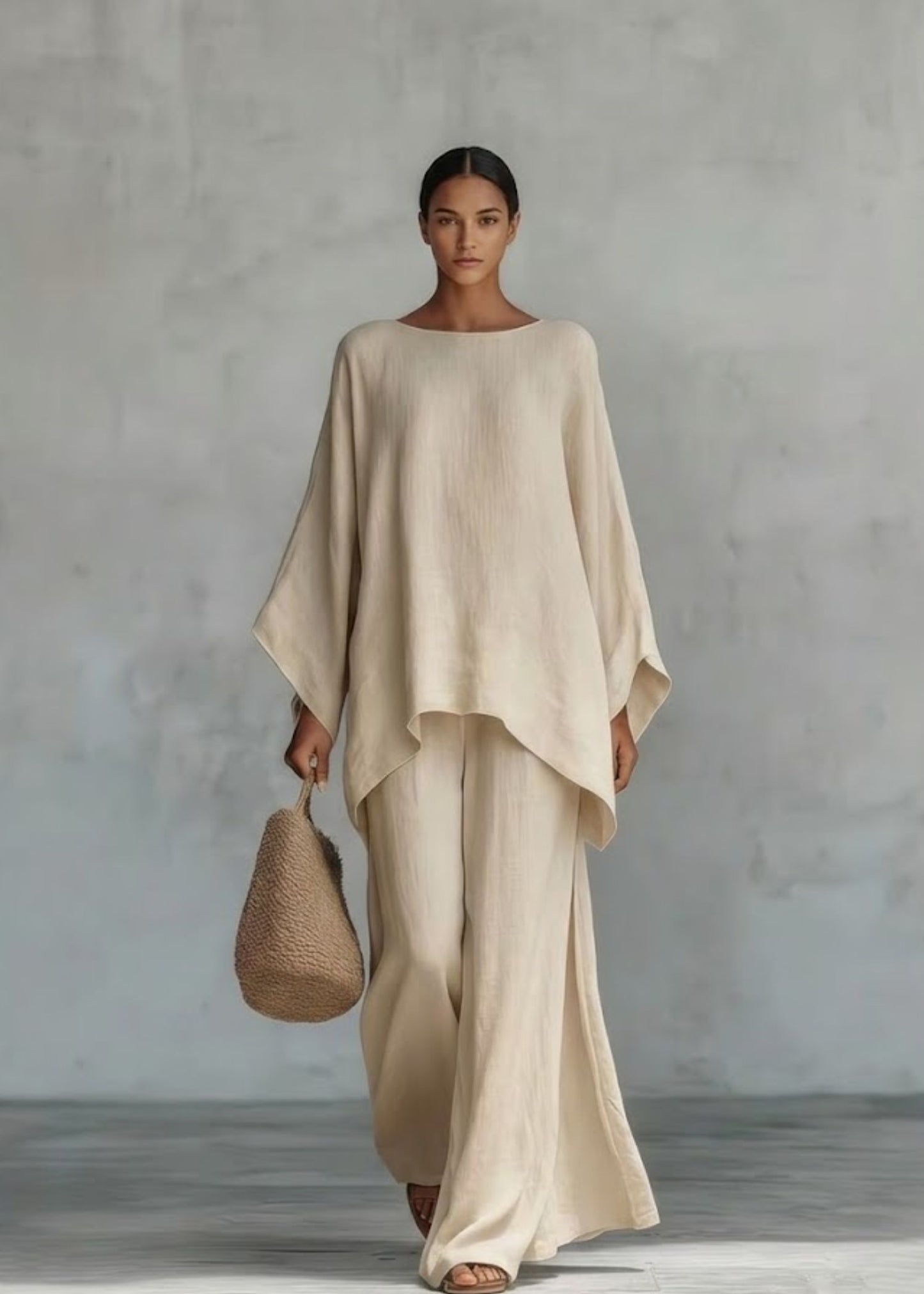 Women'sLinen Two-Piece Set with Cape Style Top and Wide Leg Pants