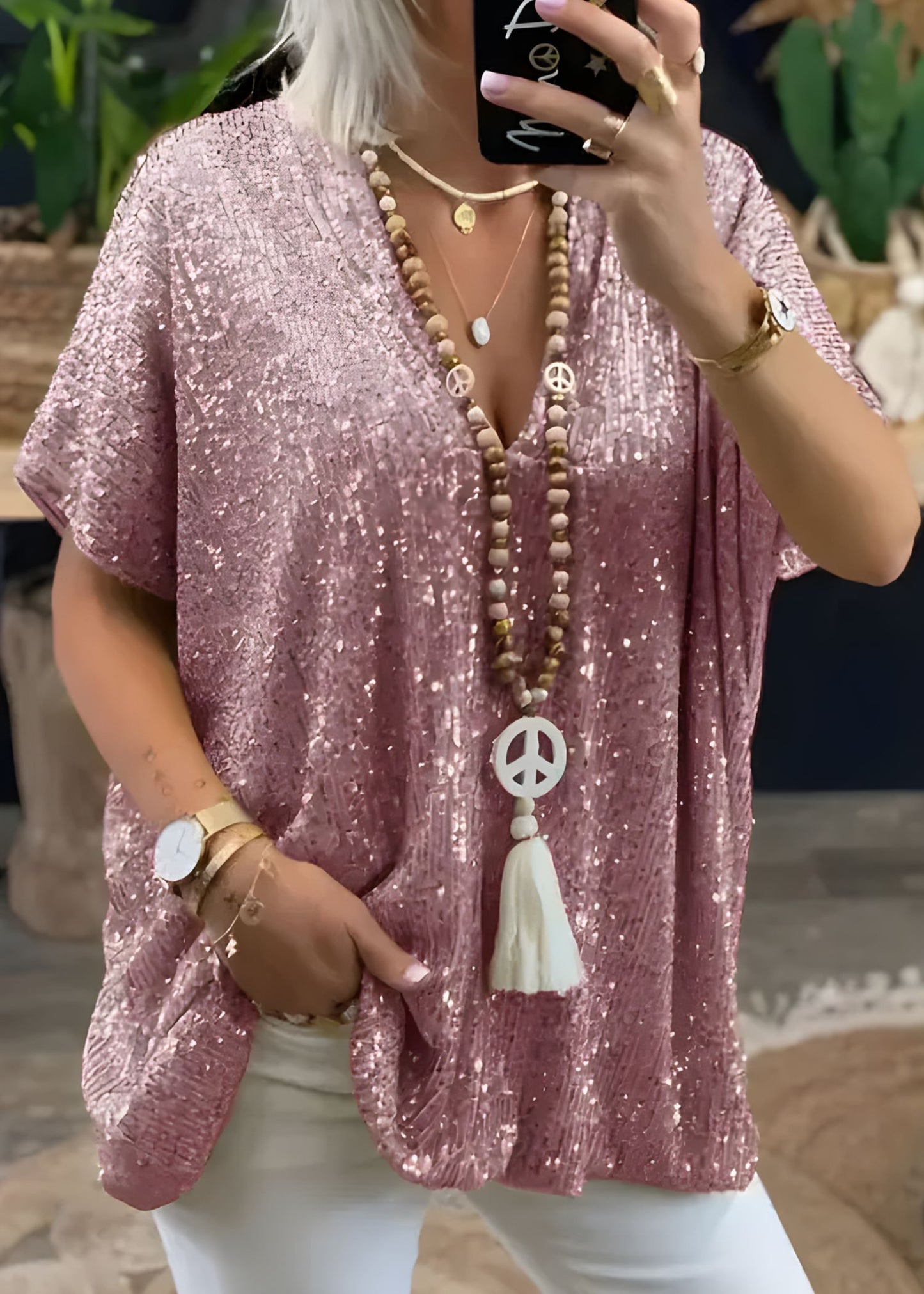 Women¡¯s Sequin V-Neck Tunic Top Loose Fit Oversized Short Sleeve Party Blouse