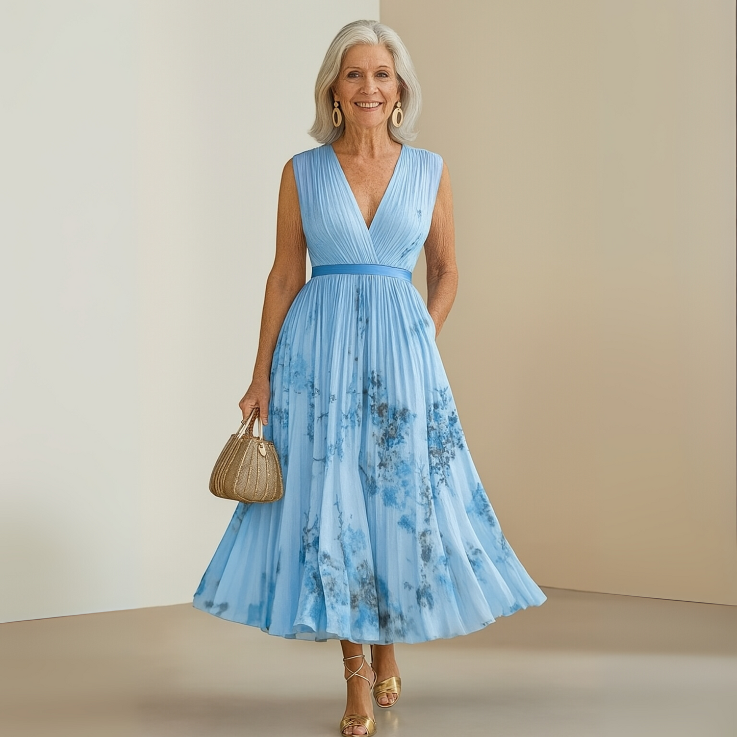 Women’s Pleated Maxi Dress V-Neck Watercolor Print Wedding Guest Gown