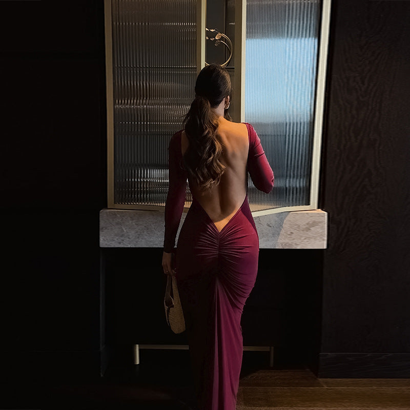 Women's Backless Long Sleeve Maxi Dress with Ruched Detailing