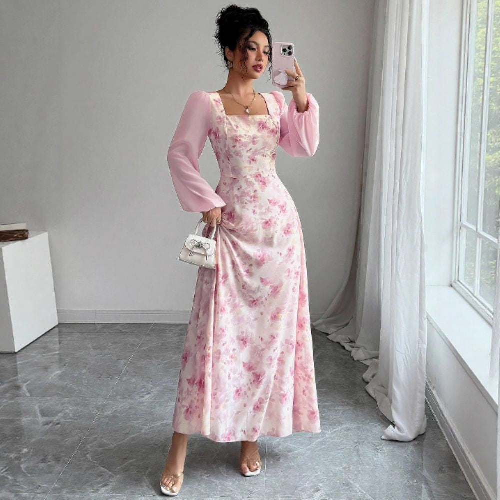 Women’s Midi Dress Square Neck Long Sleeve Floral Chiffon Gown