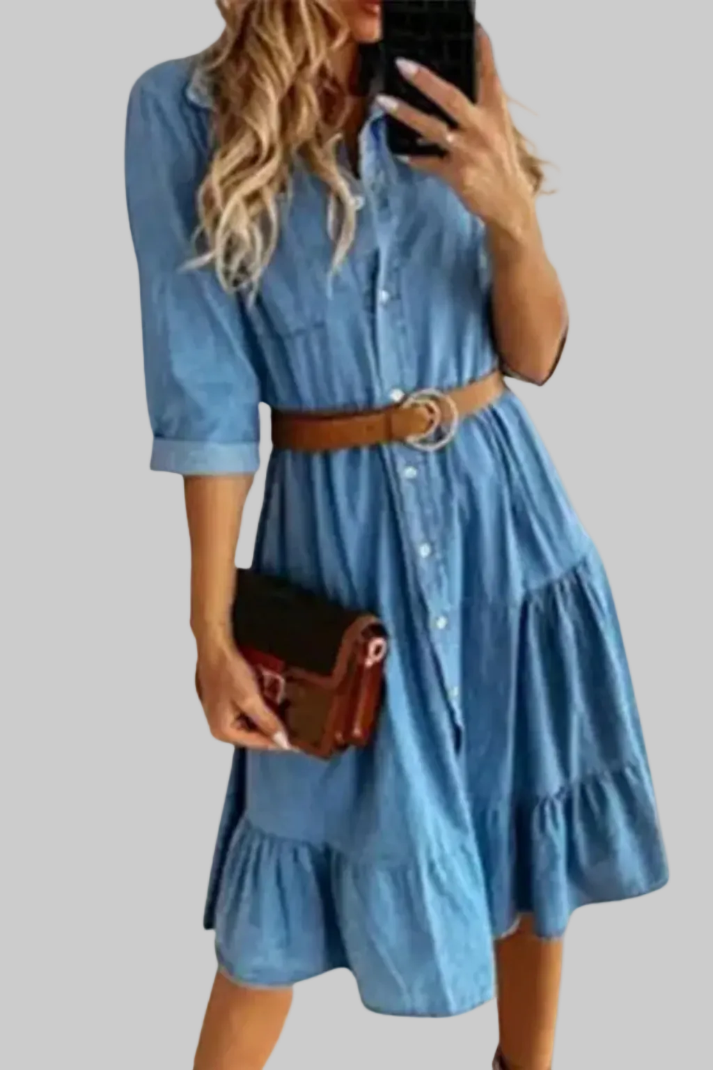 Women’s Midi Dress Denim Tiered Button Down Shirt Gown