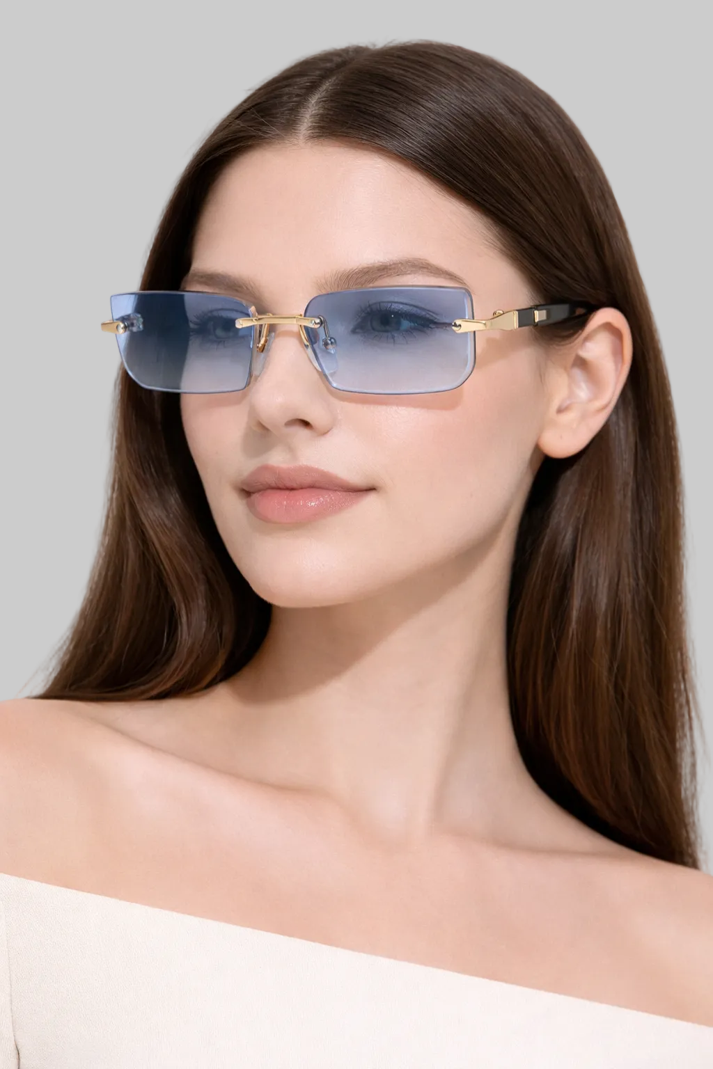 Women’s Sunglasses with Rimless Rectangle Lenses and Gold Hardware