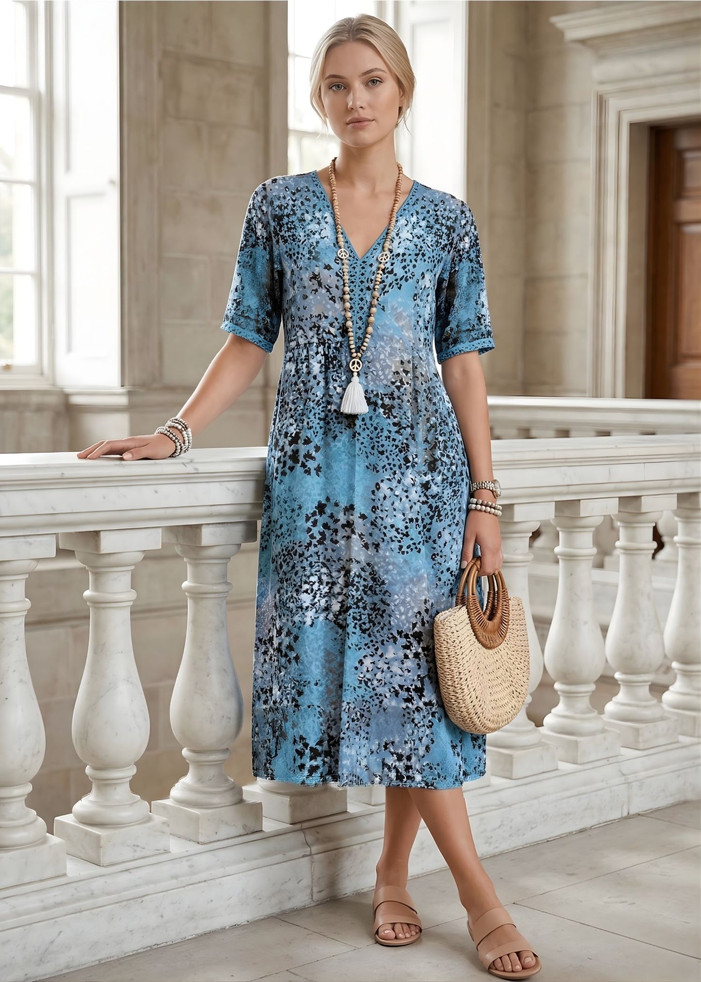 Women’s Floral V-Neck Shift Dress with Pockets and Boho Tassel Detail