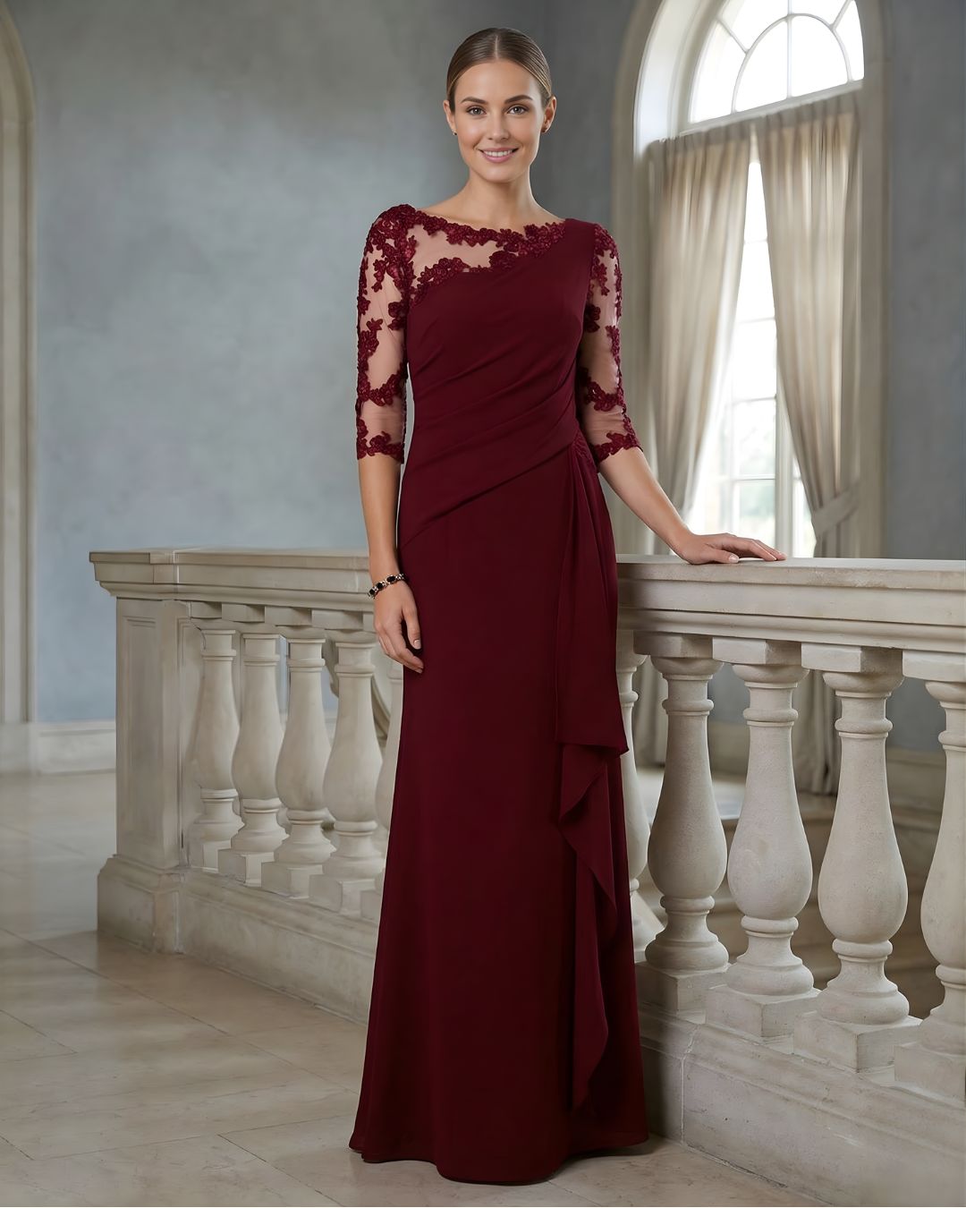 Women's Lace Illusion Evening Gown with Cascading Ruffle Detail