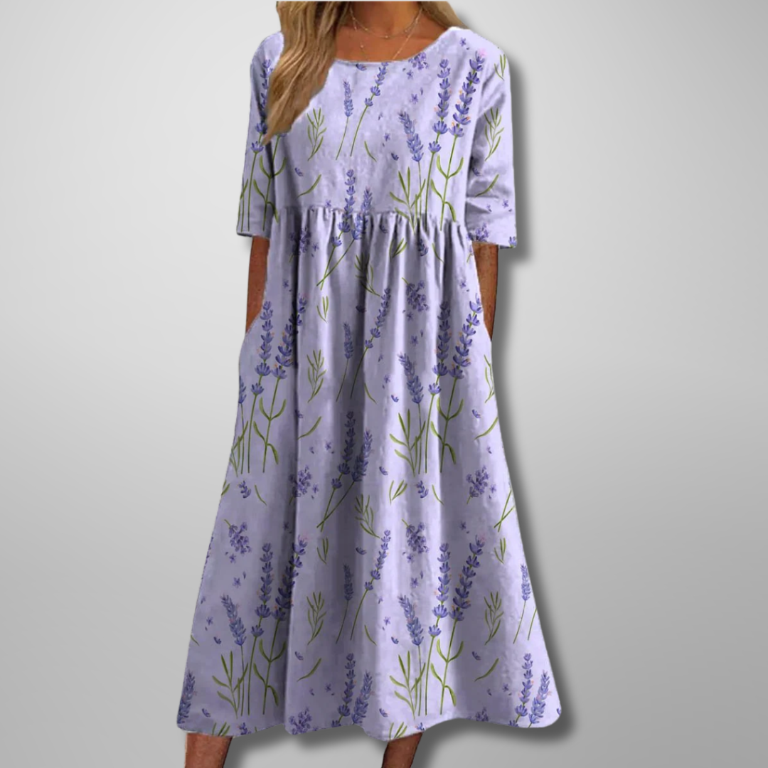 Women’s Midi Dress with Raised Floral Embroidery and Empire Waist Silhouette