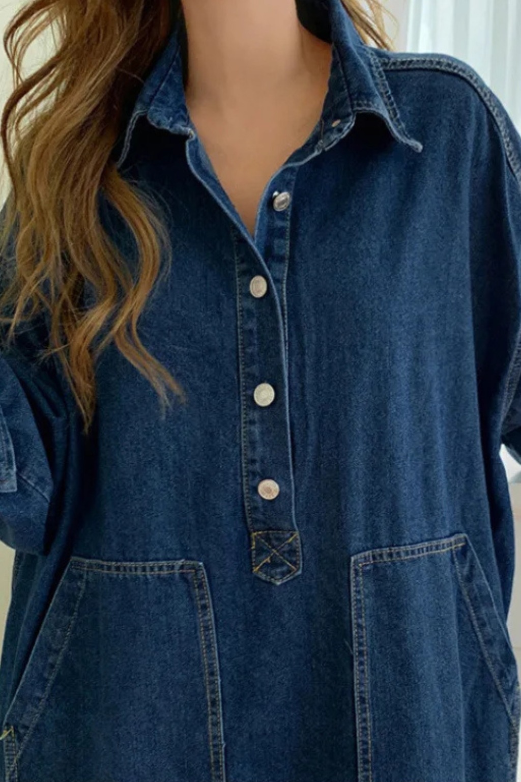 Women’s Maxi Dress with Oversized Denim Silhouette and Functional Patch Pockets