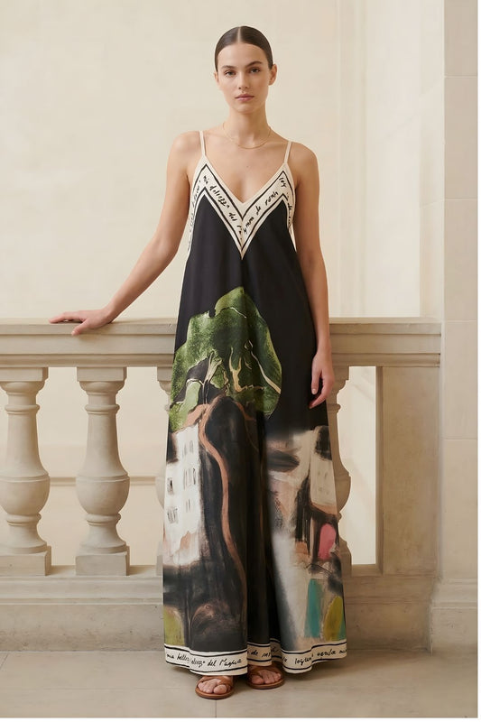 Women’s Art Print V-Neck Maxi Dress Loose Fit Sleeveless Holiday Sundress