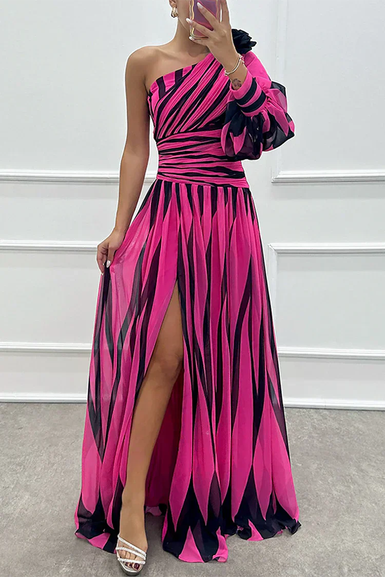 Women’s Maxi Dress with One-Shoulder Bodice and Asymmetric Diamond Pattern