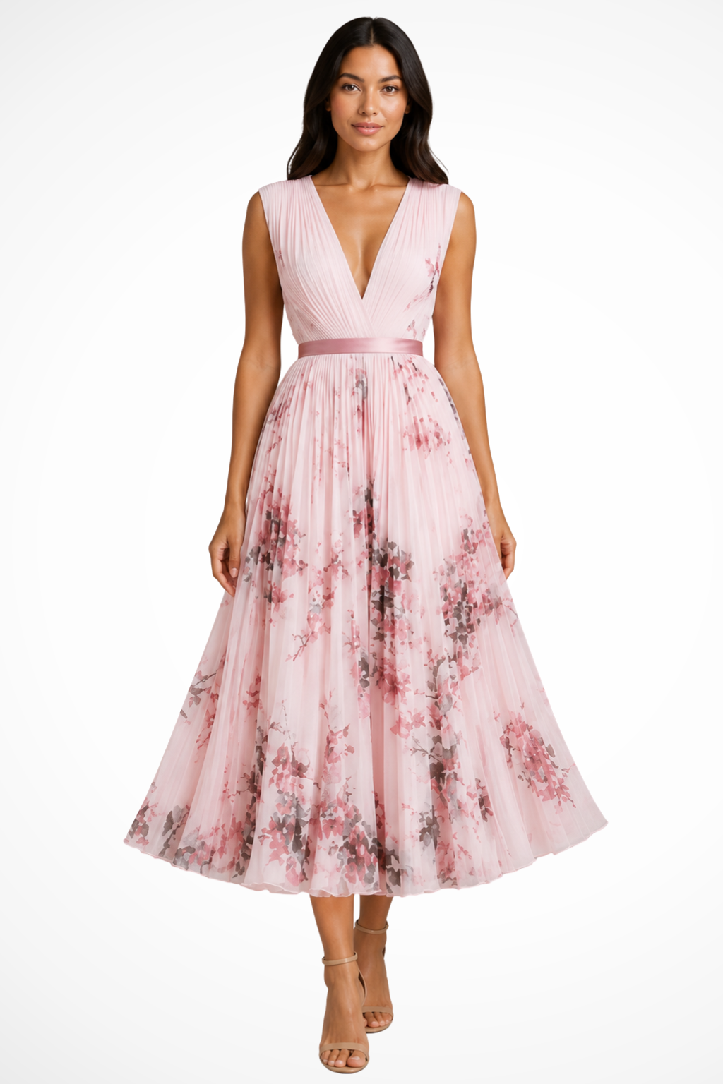 Women V Neck Floral Pleated Wedding Guest Petite Midi Dress