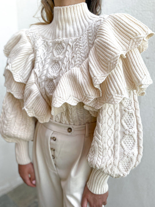 Ceylan Women’s Ruffle Cable Knit Sweater Statement Sleeve