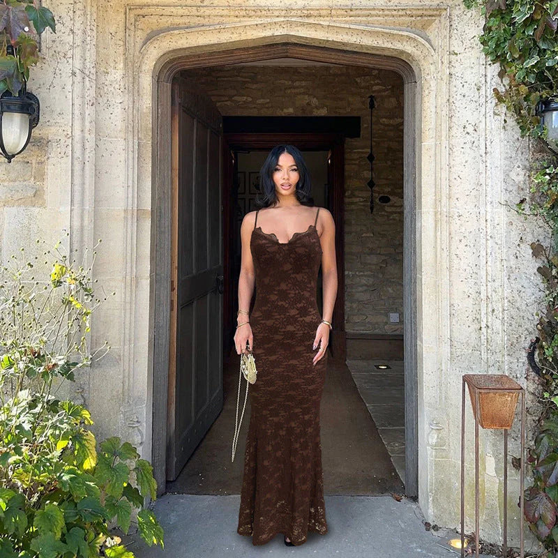 Women’s Lace Slip Maxi Dress with Floral Scalloped Neckline Trim