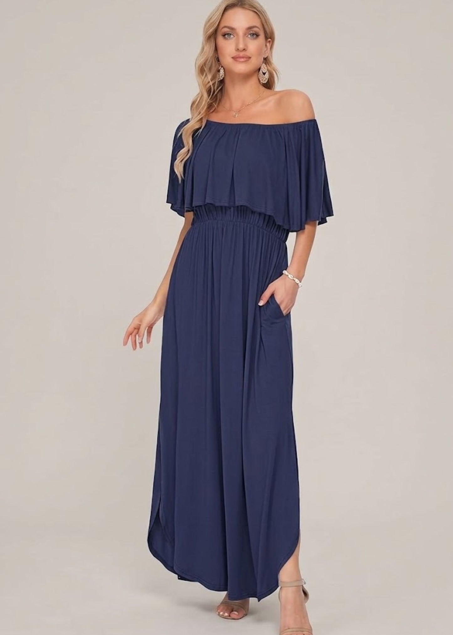 Women’s Off the Shoulder Maxi Dress with Ruffle Overlay and Side Pockets