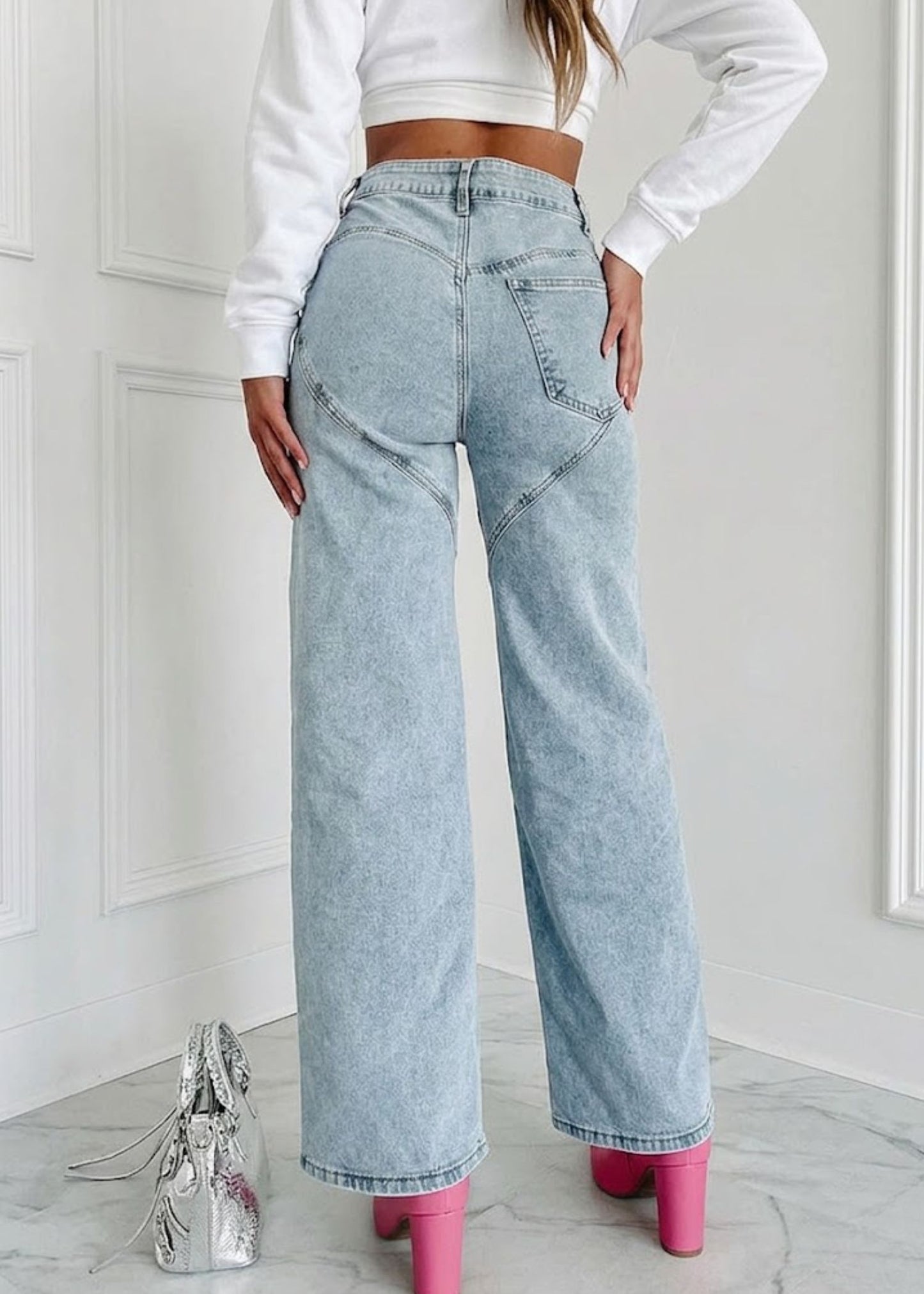 Women’s High Waisted Straight Leg Jeans with Rhinestone Cutout Detailing
