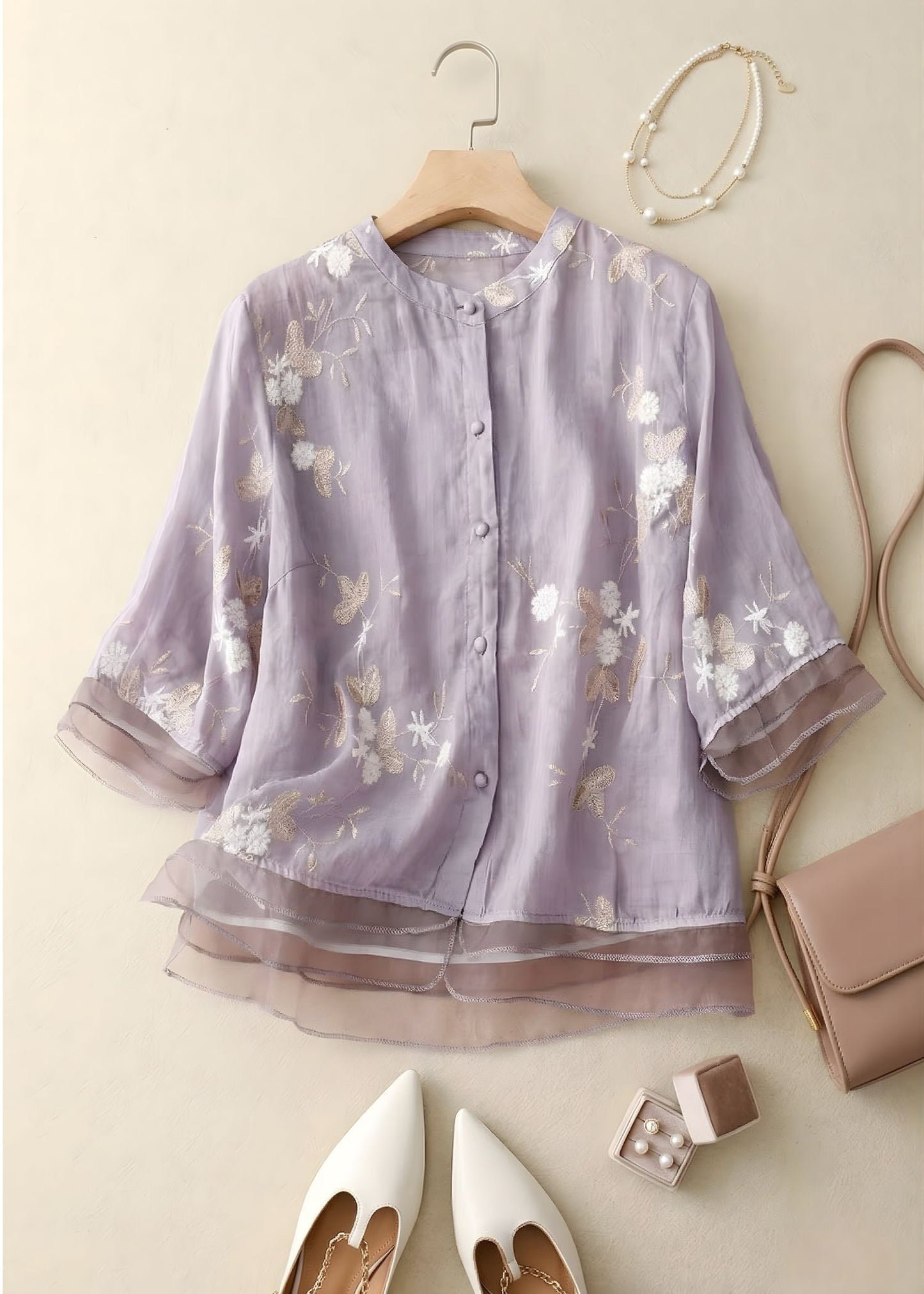 Women¡¯s Embroidered Cotton Linen Blouse with Layered Organza Trim