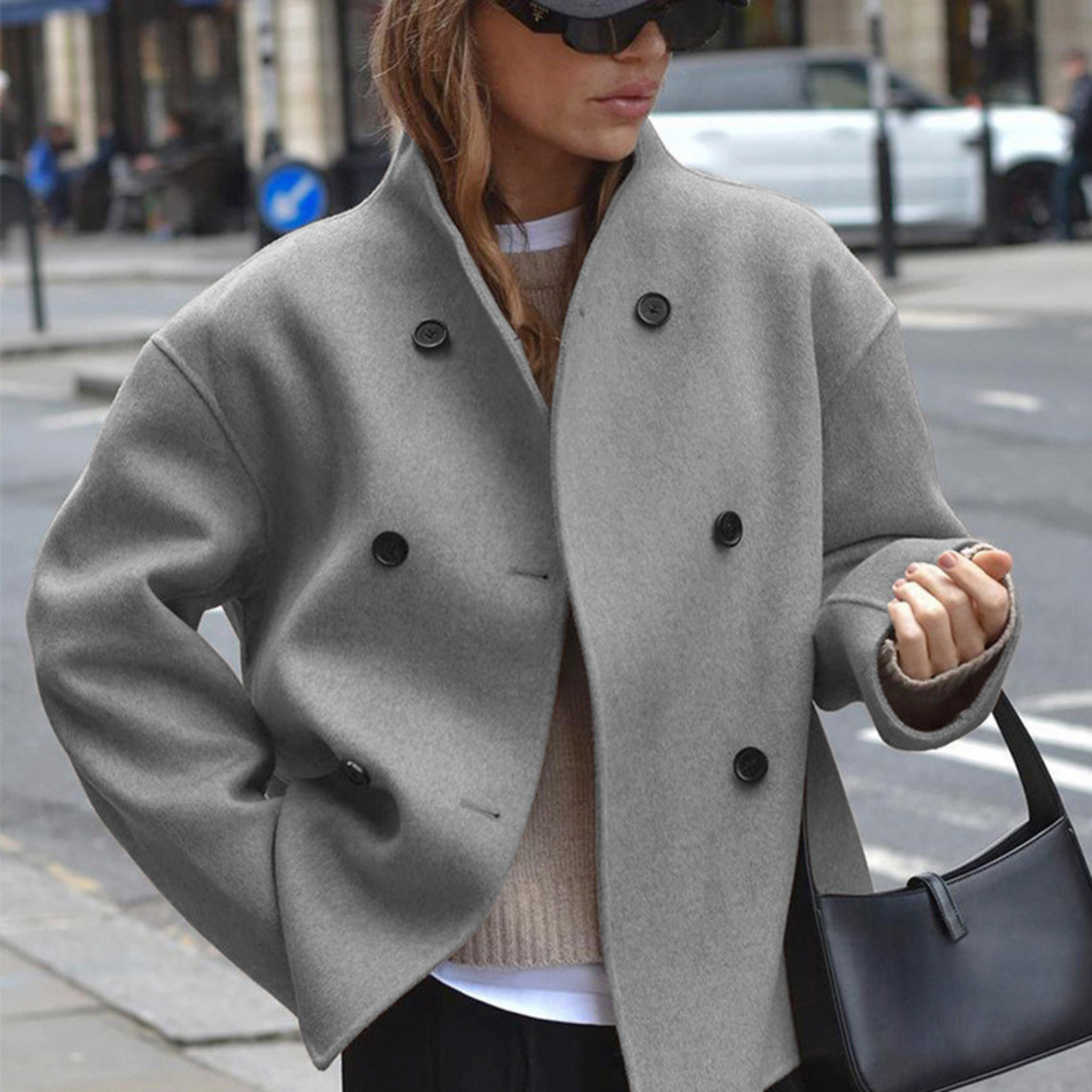 Women’s Double-Breasted Wool Blend Short Coat Oversized Boxy Peacoat