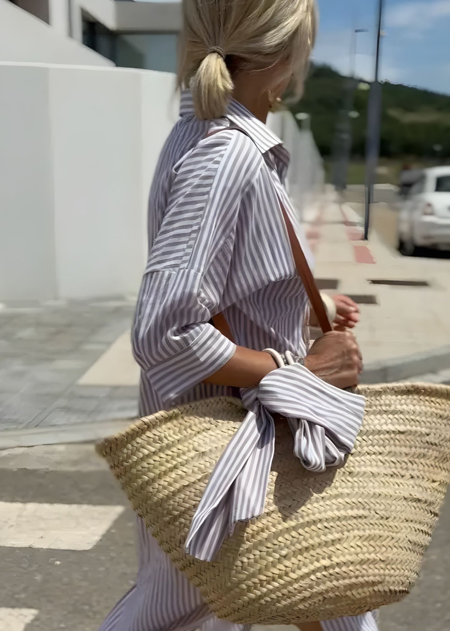Women’s Striped Shirt Dress with High-Low Hem and Button-Down Front