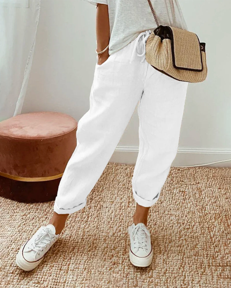 Women’s Casual Pants with Elastic Waistband and Functional Side Pockets