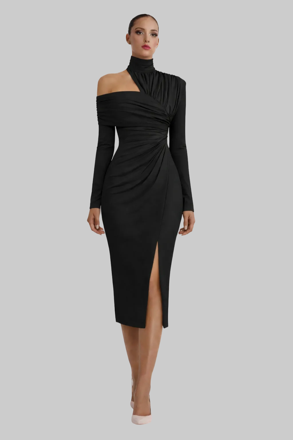 Women’s Midi Dress with High Mock Neckline and Asymmetric One-Shoulder Drape