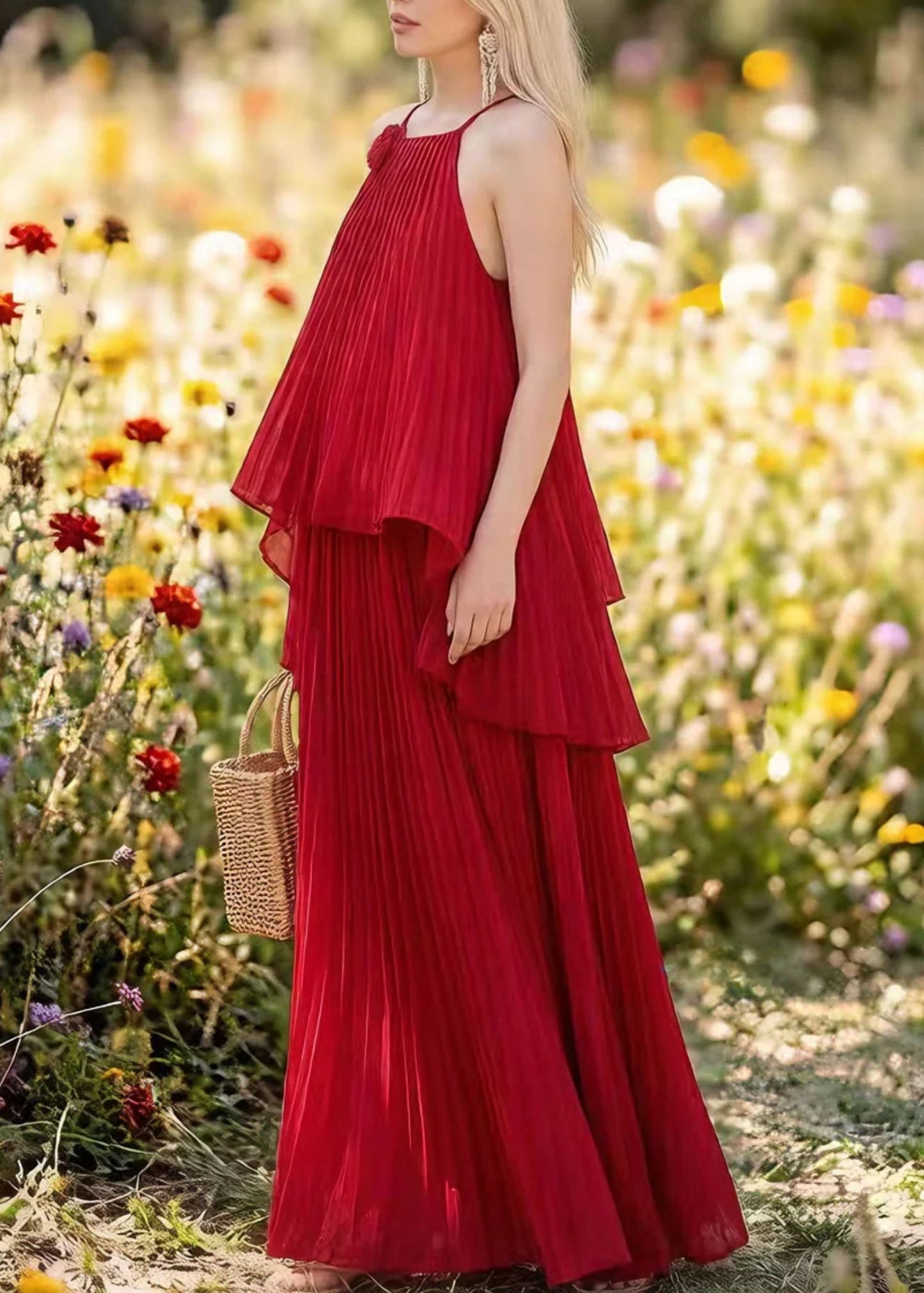 Women’s Two Piece Set with Pleated Chiffon Maxi Skirt and Ruffled Halter Top