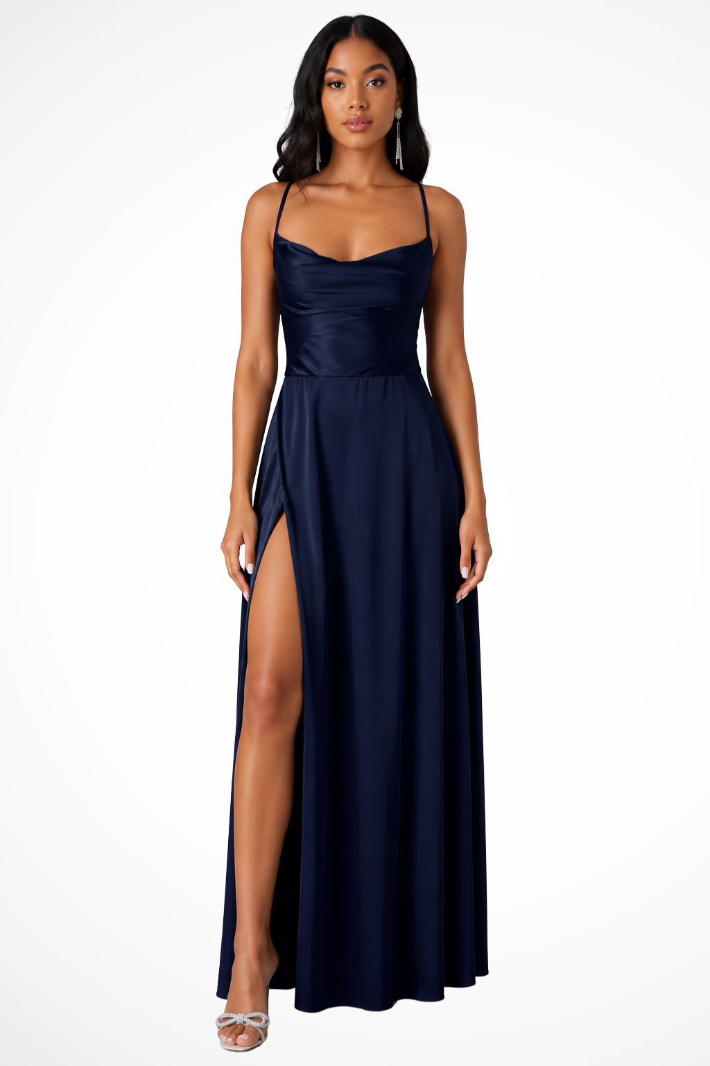 Women's Cowl Neck Side Slit Wedding Guest Satin Maxi Dress