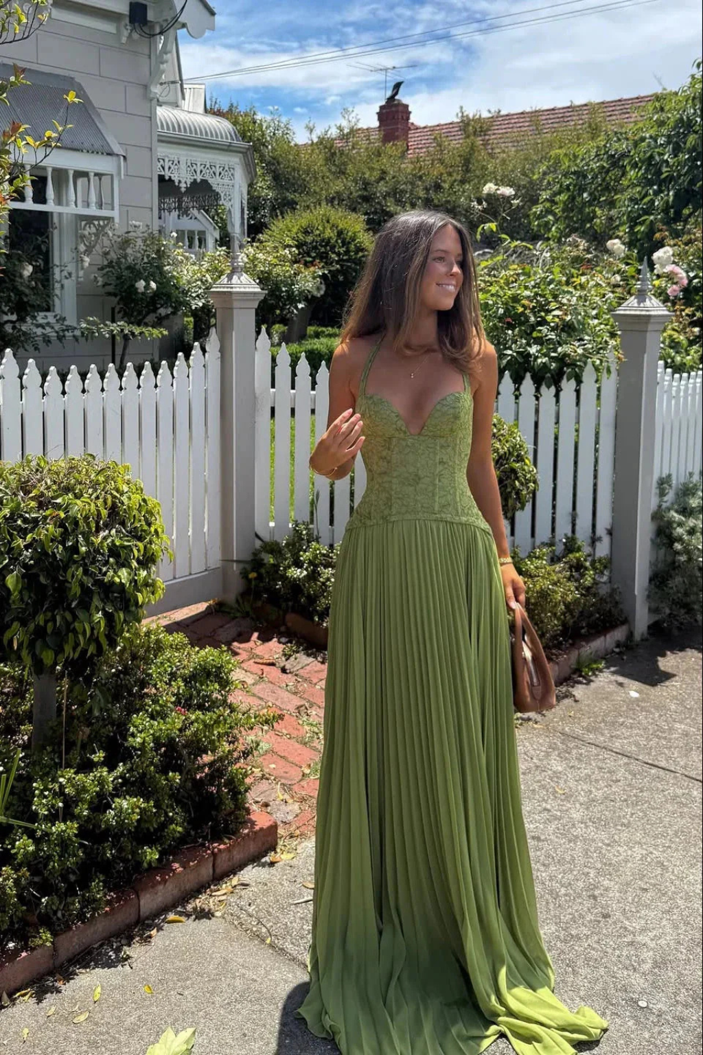 Women Halter Lace Corset Pleated Green Wedding Guest Maxi Dress