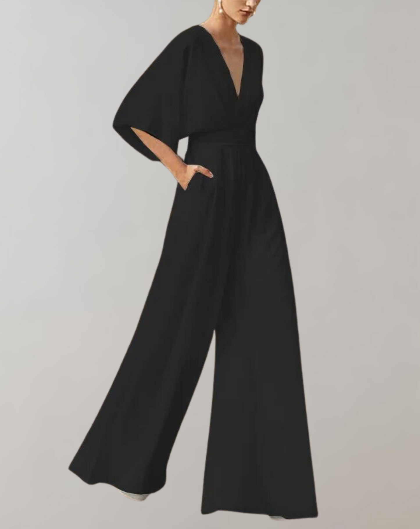 Women¡¯s Wide Leg Jumpsuit with Deep V-Neck and Flutter Kimono Sleeves