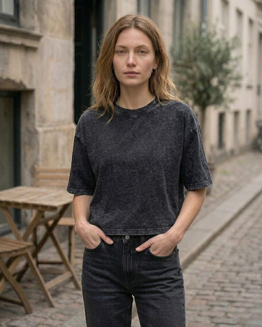 Women’s Crop T-Shirt Pack of 3 with Acid Wash Finish and Boxy Oversized Fit