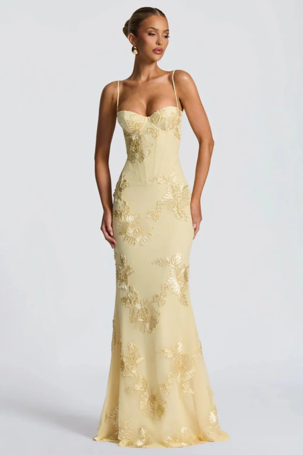 Women’s Maxi Dress with Underwire Corset Bodice and Satin Floral Embroidery