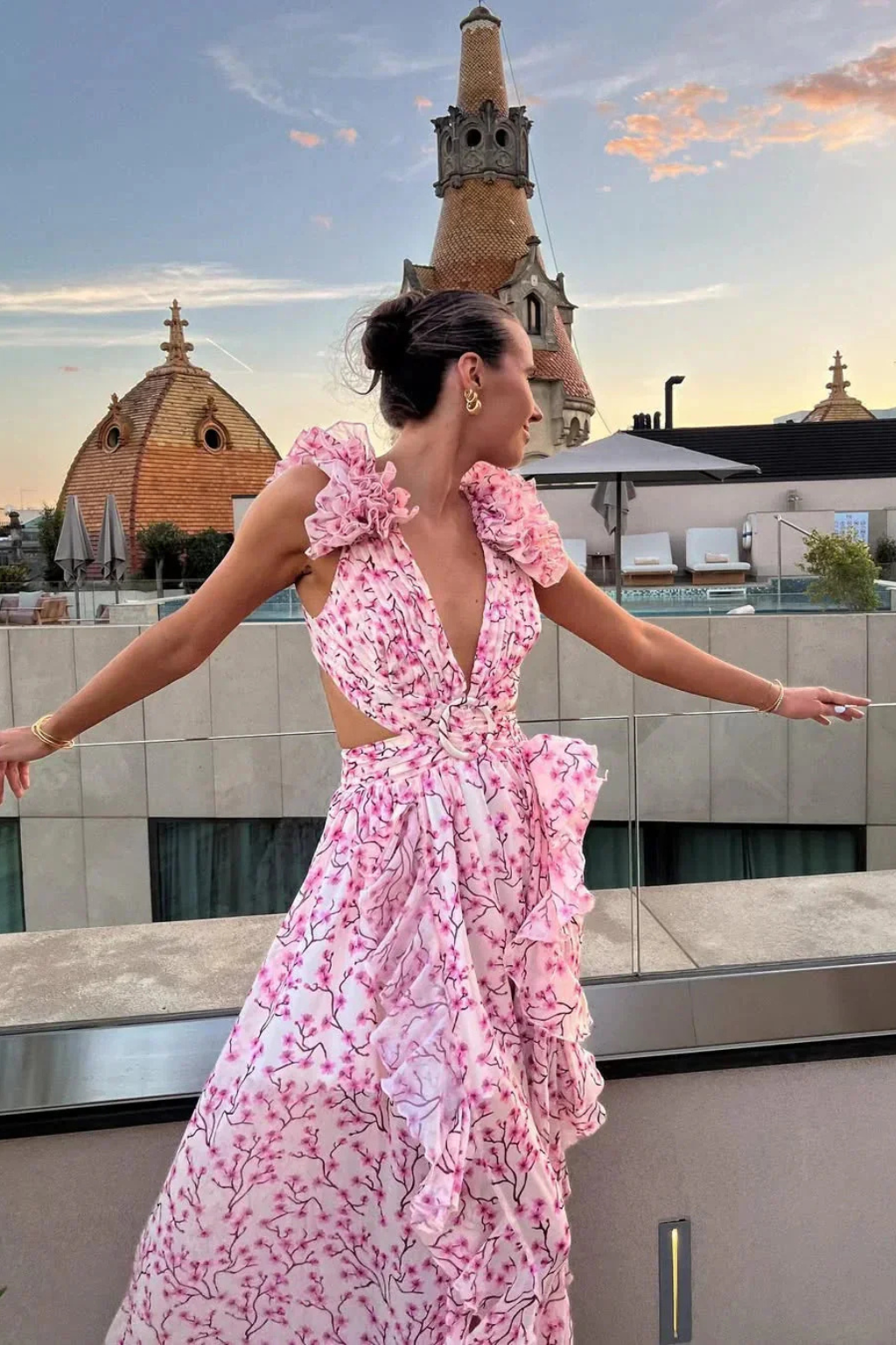 Women's V Neck Floral Ruffle Wedding Guest Maxi Dress