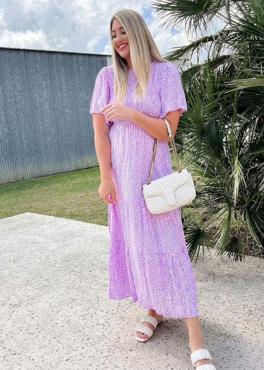 Women's Smocked Floral Maxi Dress with Flutter Sleeves and Tiered Ruffle Hem