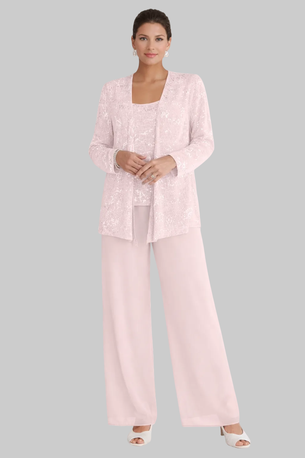 Women’s Three-Piece Pantsuit with Sequin Lace Jacket and Wide-Leg Trousers