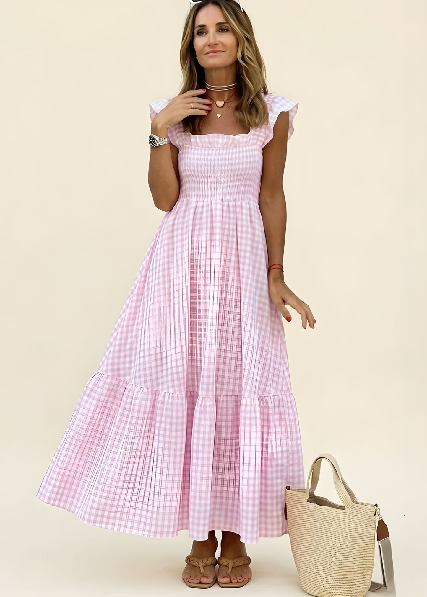 Women's Square Neck Maxi Dress with Smocked Bodice and Tiered A-Line Skirt