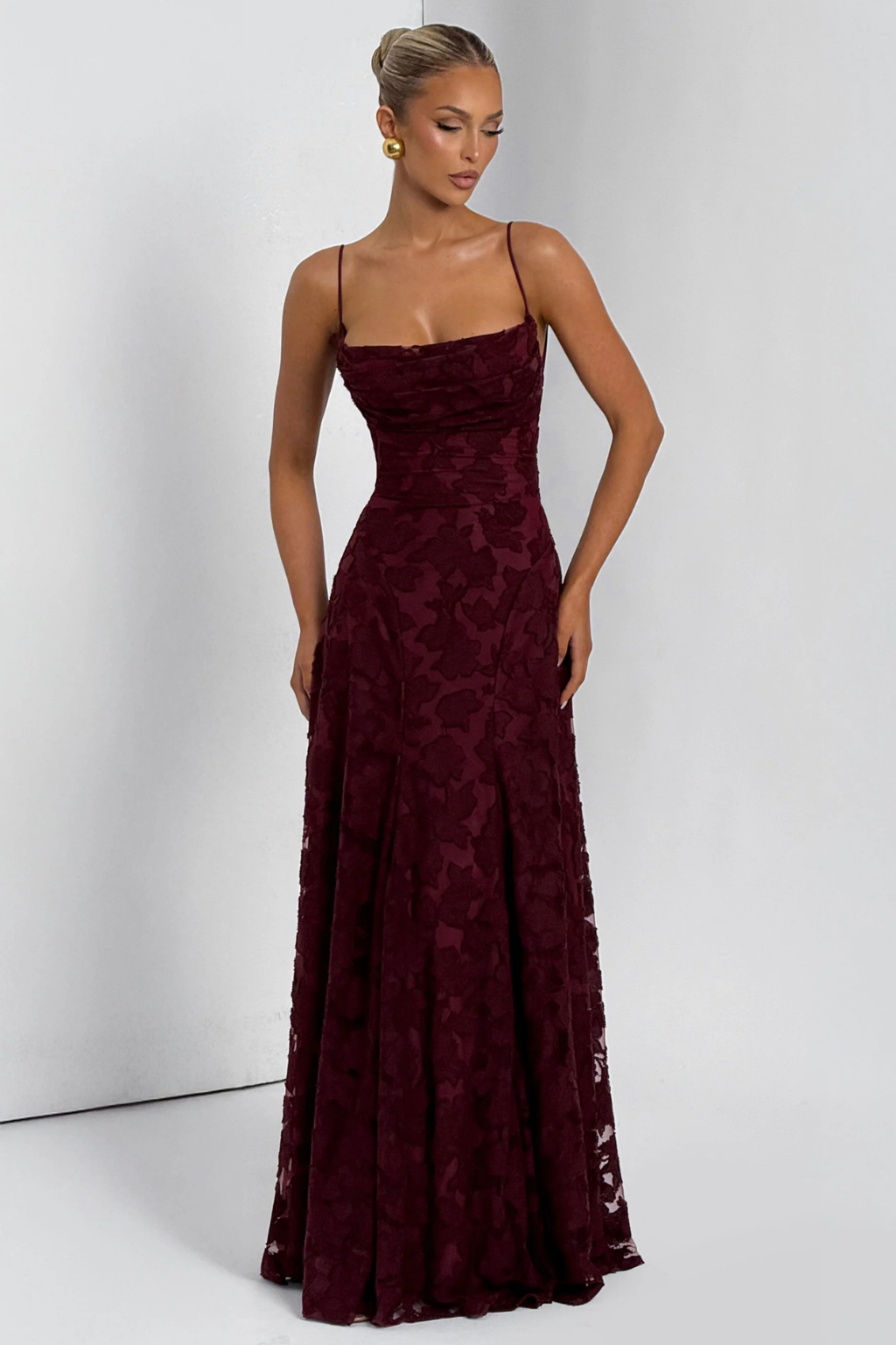 Women’s Maxi Dress with Cami Straps and Floral Brocade Texture