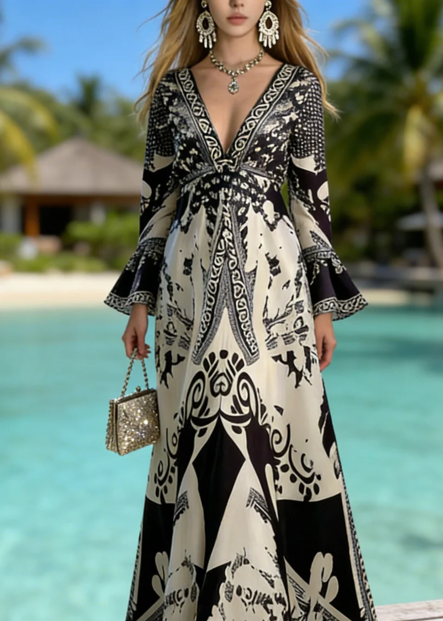 Women’s Maxi Dress with Vintage Manor Floral Print and Elegant V-Neckline