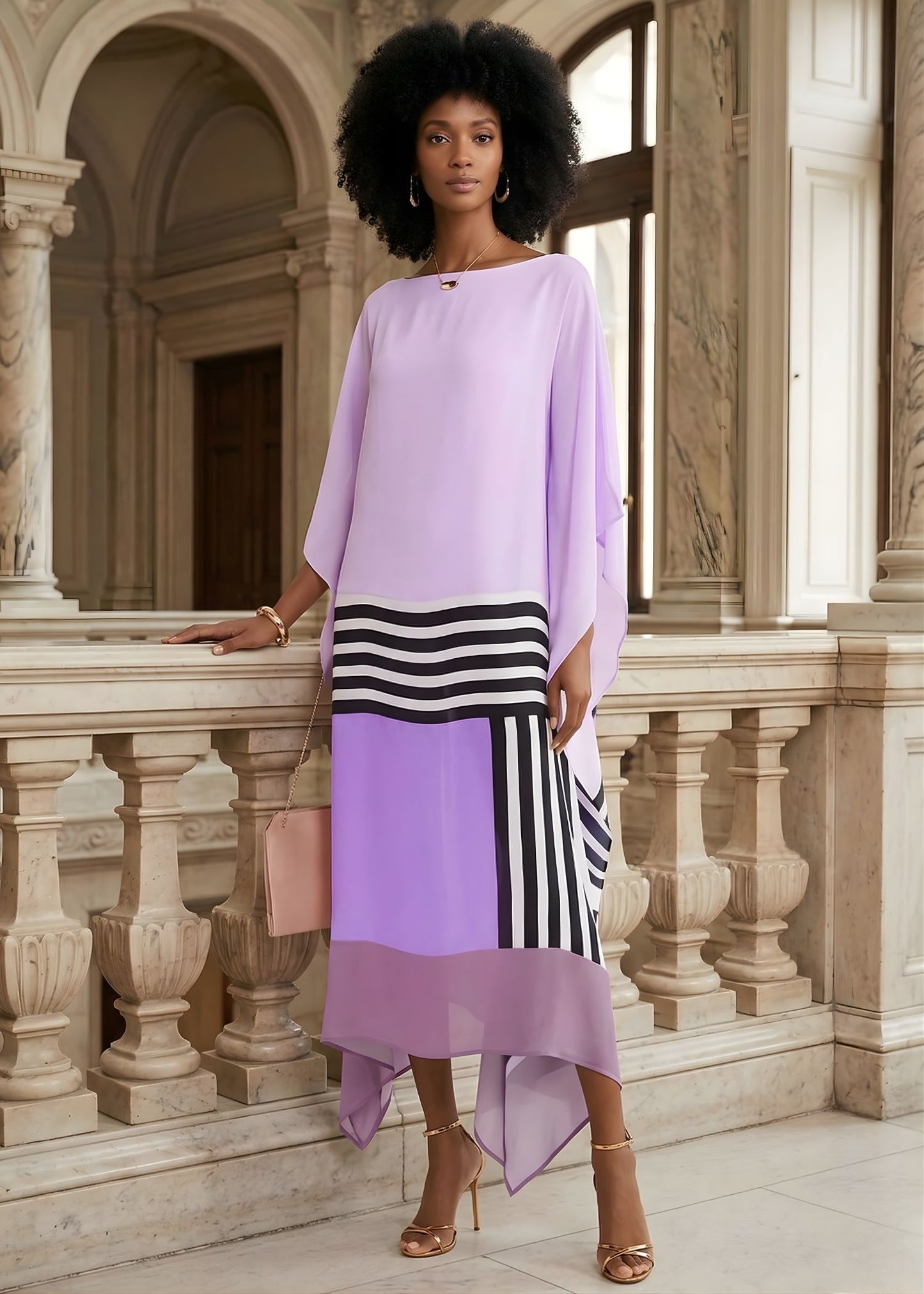 Women's Silk Kaftan Midi Dress with Asymmetric Hem and Contrast Stripe Detail