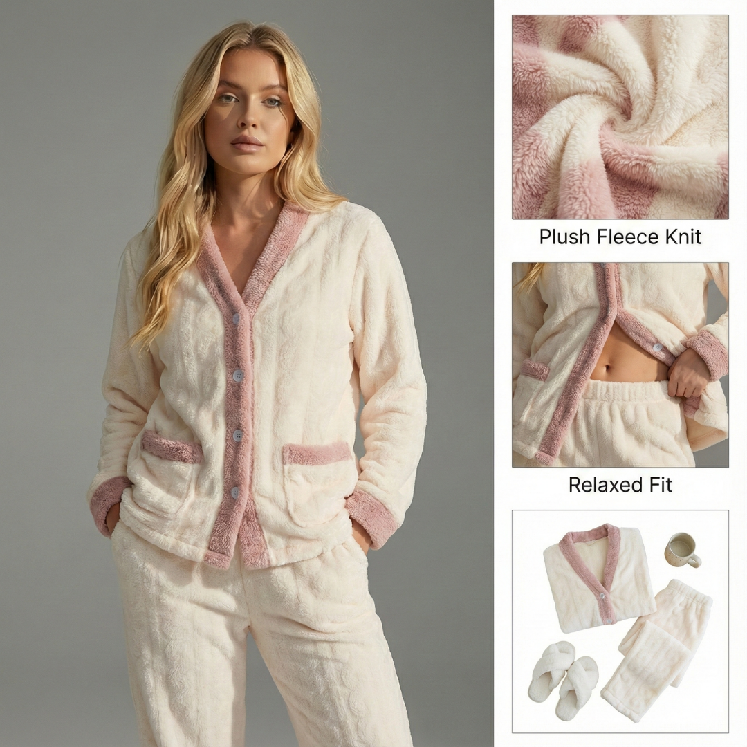 Ceylan Women’s Plush Pajama Set with Contrast Fleece Trim