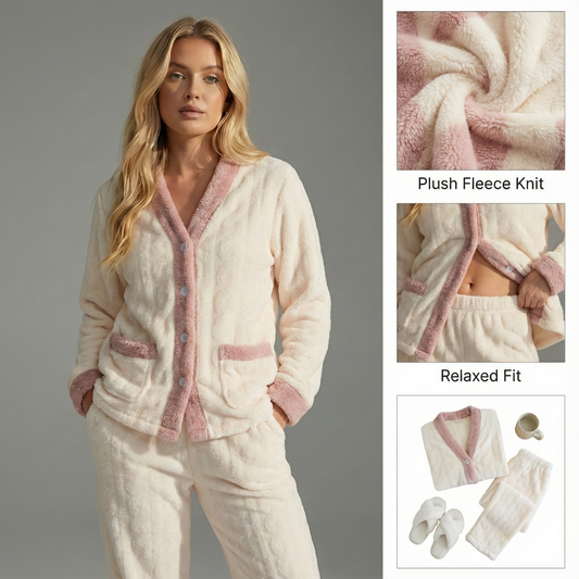 Ceylan Women’s Plush Pajama Set with Contrast Fleece Trim