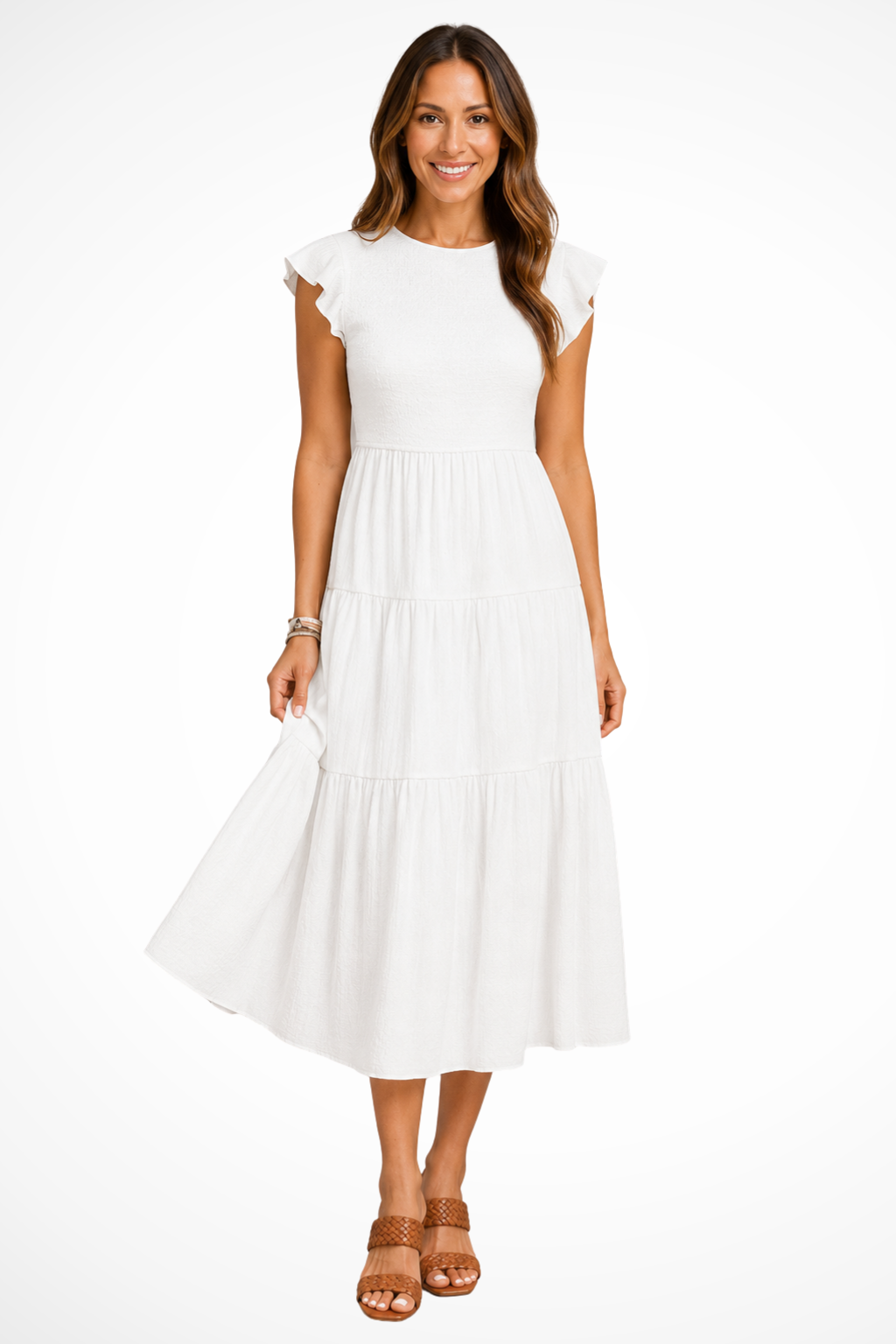 Tabitha | Women Flutter Sleeve Shirred Tiered Summer Midi Dress