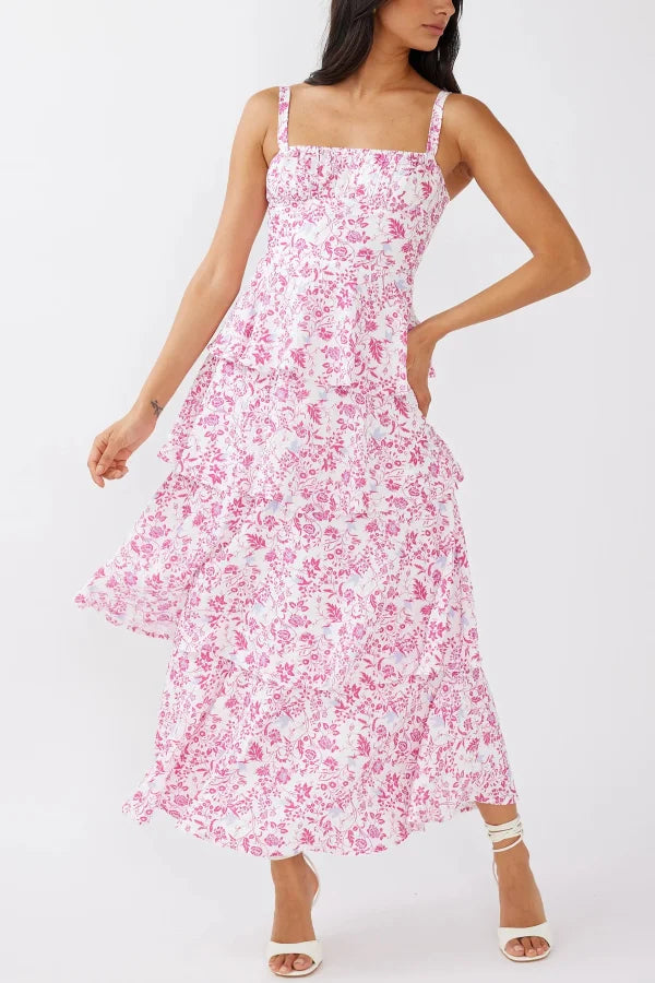 Women’s Tiered Maxi Dress with Square Neckline and Open Back Tie Detail
